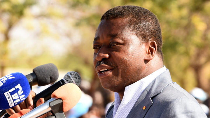 Togolese President Faure Gnassingbe speaks at a campaign rally in Dapaong, northern Togo, on February 16, 2020.