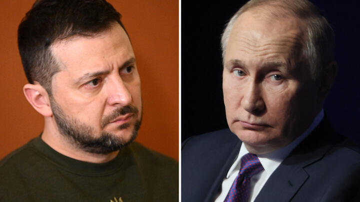 This combination of file pictures created on February 13, 2023 shows Ukraine's President Volodymyr Zelensky