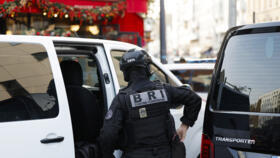 A French National Police Search and Intervention Brigade officer (BRI) stands near a restaurant in the Parisian suburb of Issy-les-Moulineaux on November 16, 2024.