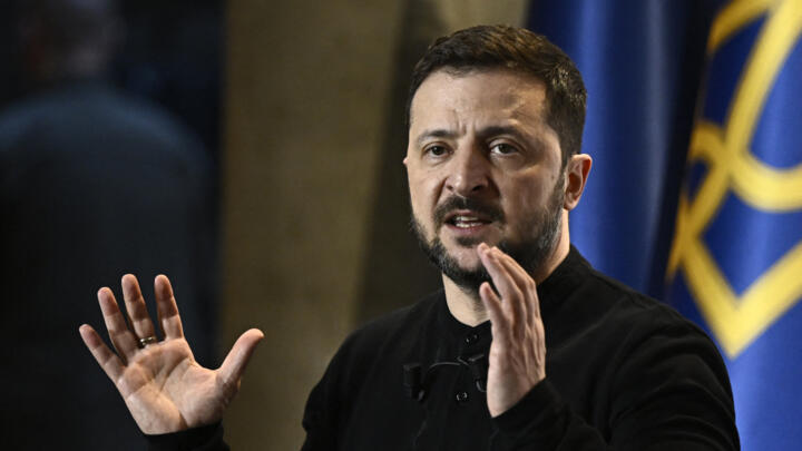 Ukraine's President Volodymyr Zelensky delivers a press conference at the headquarters of French national public television broadcaster "France Televisions" in Paris, on March 27, 2025. 