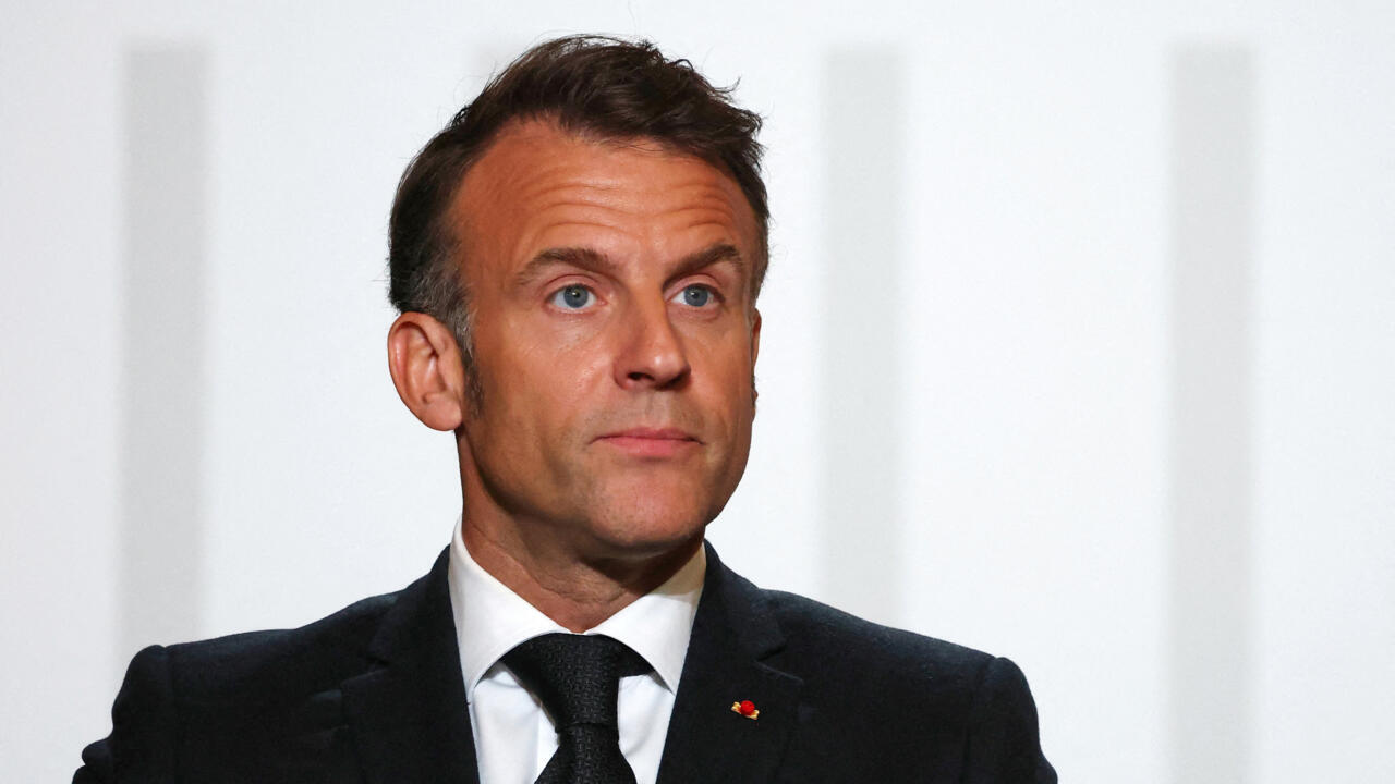 France's President Emmanuel Macron delivers a speech during a ceremony at the Elysee Palace in Paris, on April 15, 2025.