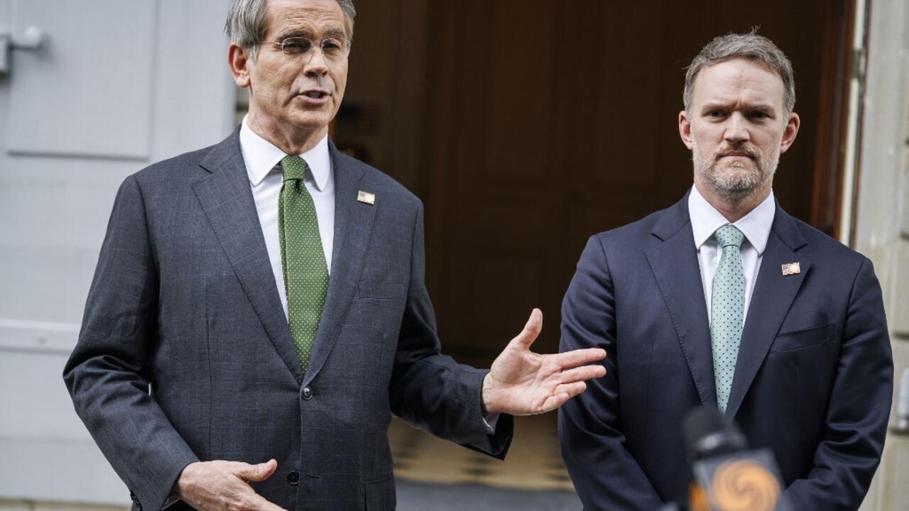 US Treasury Secretary Scott Bessent (L) and US Trade Representative Jamieson Greer speak to the media after talks between senior US and Chinese officials on tariffs on May 12, 2025.
