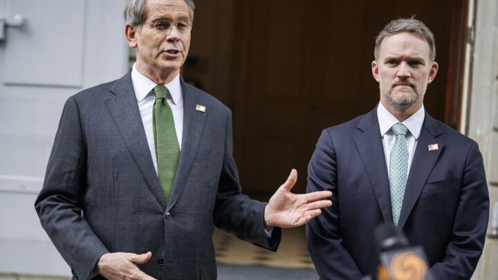 US Treasury Secretary Scott Bessent (L) and US Trade Representative Jamieson Greer speak to the media after talks between senior US and Chinese officials on tariffs on May 12, 2025.