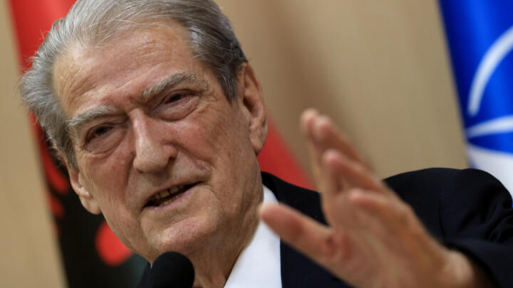 Chairman of Albania's Democratic Party (DP) Sali Berisha holds a press conference at the party's headquarters in Tirana after polls closed during the country's parliamentary elections, on May 11, 2025