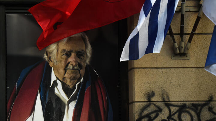 An image of the late Uruguayan former president (2010-2015) Jose 'Pepe' Mujica at the Frente Amplio party headquarters in Montevideo, on May 13, 2025, following the announcement of his death.