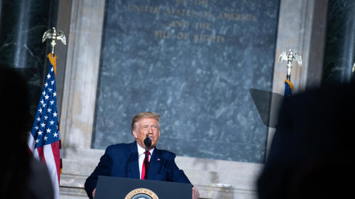 US President Donald Trump speaks at the National Archives in Washington DC, which has also been a targeted by his administration.