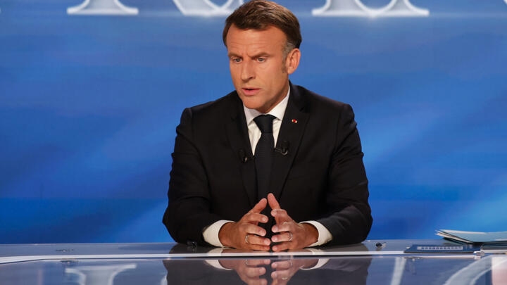 French President Emmanuel Macron on a TF1 channel set in Saint-Denis near Paris, May 13, 2025