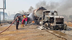 Firefighters working to extinguish the fire after a fuel tanker exploded in Suleja, Nigeria, on Saturday January 18, 2025.