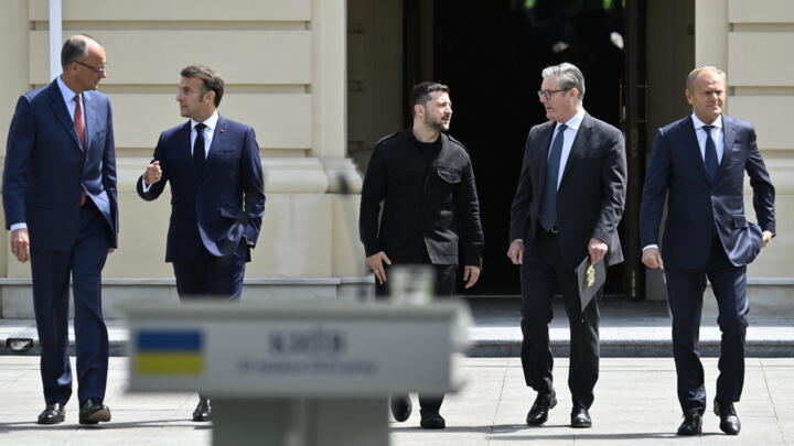 (From L) Germany's Chancellor Friedrich Merz, France's President Emmanuel Macron, Ukraine's President Volodymyr Zelensky, Britain's Prime Minister Keir Starmer and Poland's Prime Minister Donald Tusk