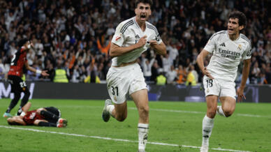 Real Madrid's Spanish defender Jacobo Ramon celebrates scoring the winner against Mallorca