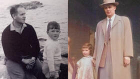 Former British Royal Marine Thomas Nicholls with his son Philip Nicholls (L) and the young Carol Schultz Vento with her father, former US paratrooper Arthur 'Dutch' Schultz.