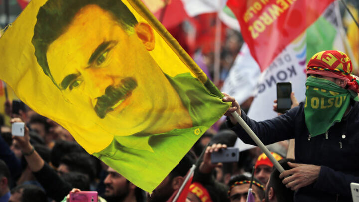 A flag with the image of Abdullah Ocalan in Istanbul, Turkey, seen on March 21, 2018.