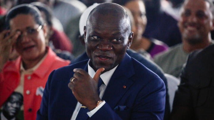 Brice Clotaire Oligui Nguema reacts during the announcement of provisional results of the 2025 Gabonese presidential election by the Ministry of the Interior in Libreville, Gabon on April 13, 2025.