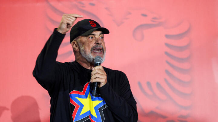Leader of the Socialist party and Prime Minister of Albania, Edi Rama delivers a speech during a rally in Fier, Albania, May 7, 2025. 