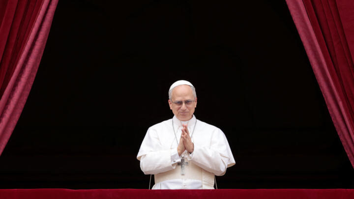 Pope Leo XIV leads a Regina Caeli prayer from the central balcony of Saint Peter's Basilica on May 11, 2025.