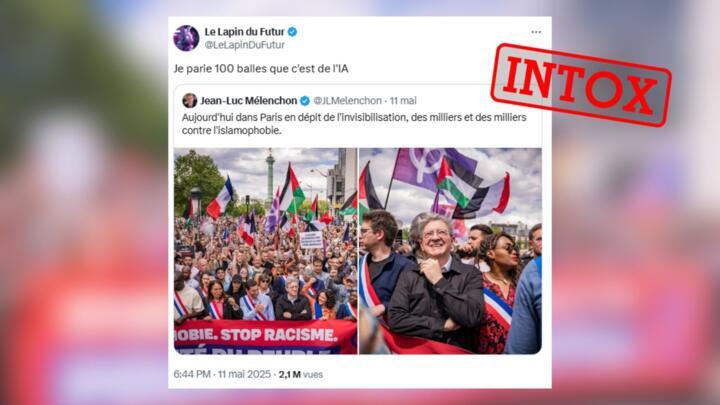 Publication publiée le 11 mai, qui sous-entend que la photo de manifestation publiée par l'homme politique Jean-Luc Mélenchon avait été modifiée par IA.